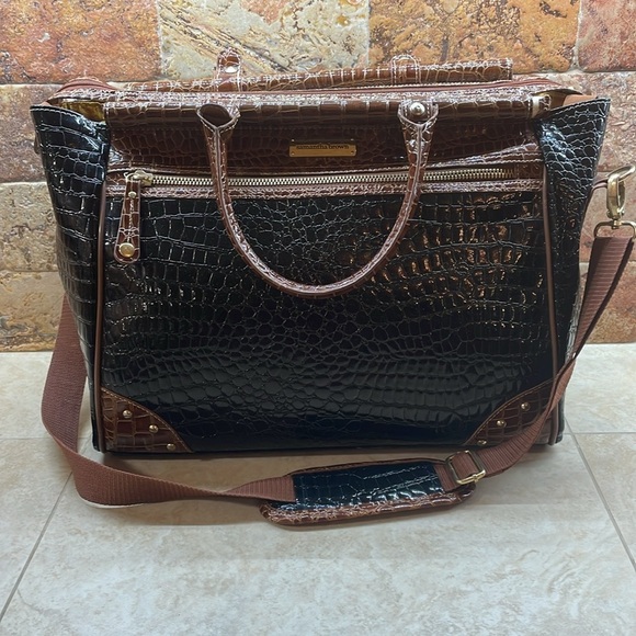 Samantha Brown Croc Embossed Black  Brown Weekender Travel Bag Carry On Women’s - Picture 3 of 15